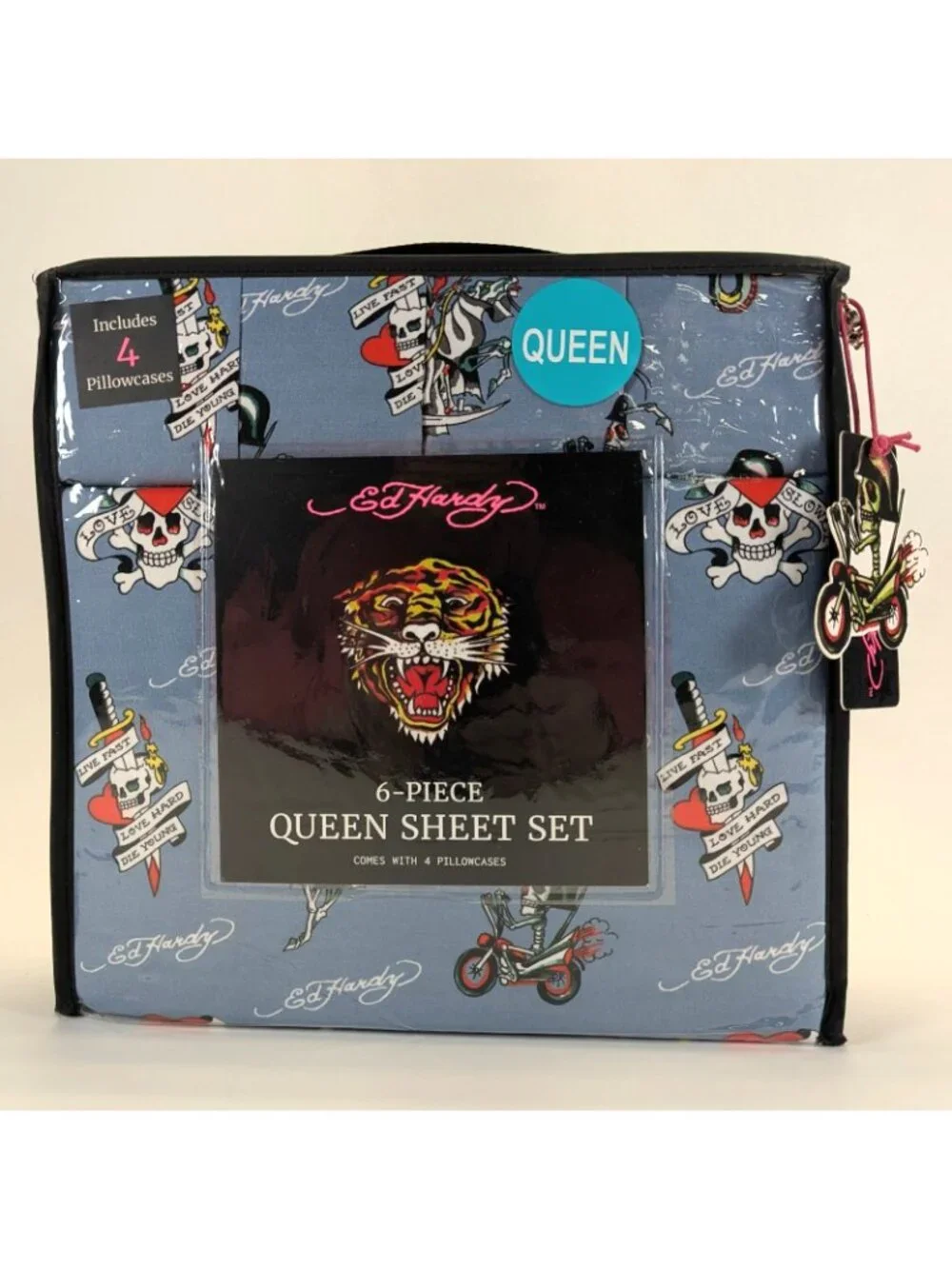 Ed Hardy Queen Sheet Set 6-Piece w 4 Pillowcases Blue Skull Cross Sheets - NEW
